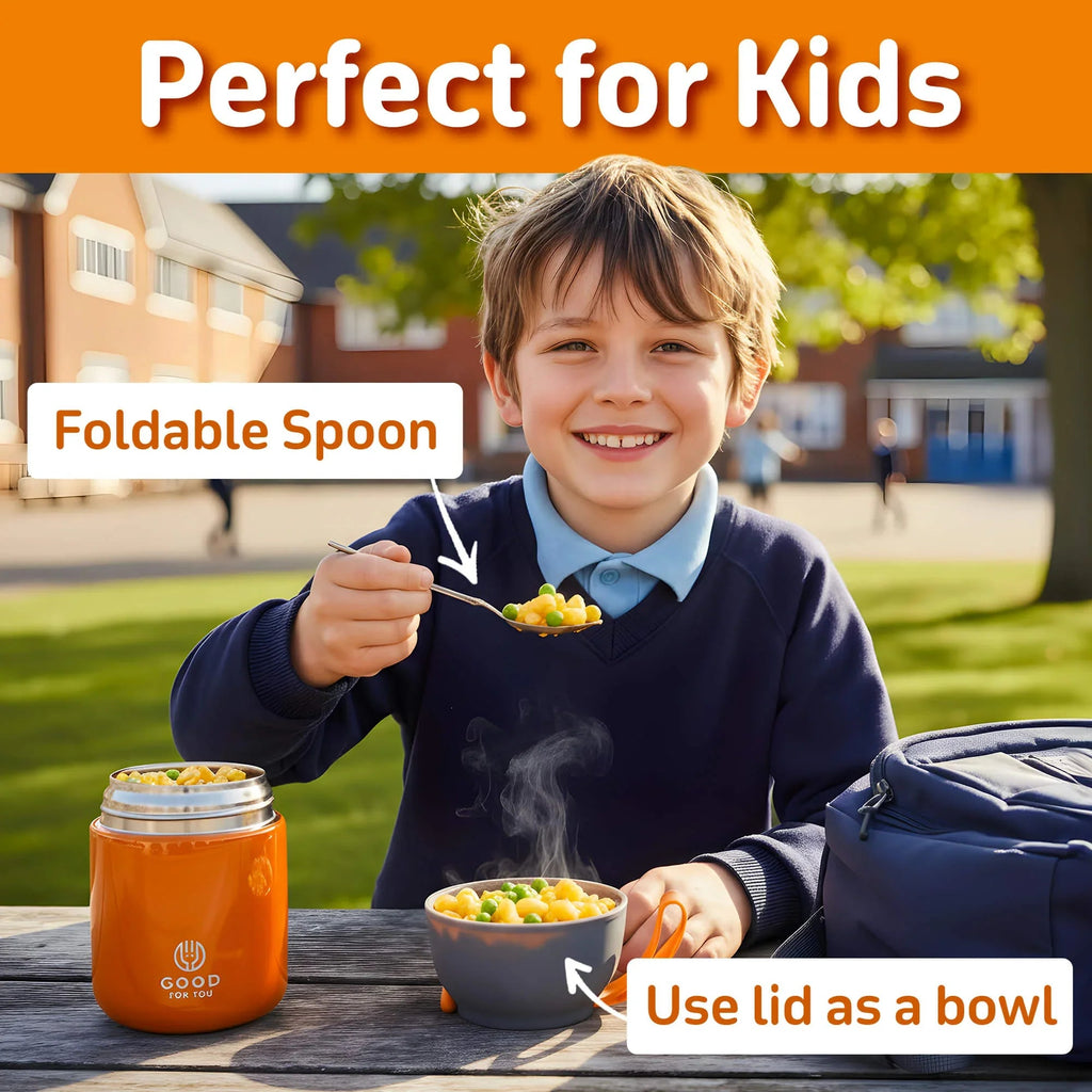 Kids Food Flask 530ml – Insulated Hot Food & Soup Flask with Spoon for School Lunches, Leak-Proof, BPA-Free Stainless Steel | Orange