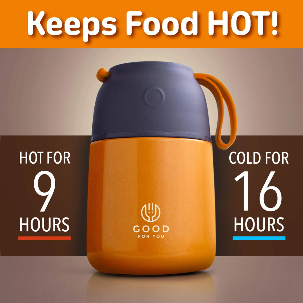 Kids Food Flask 530ml – Insulated Hot Food & Soup Flask with Spoon for School Lunches, Leak-Proof, BPA-Free Stainless Steel | Orange