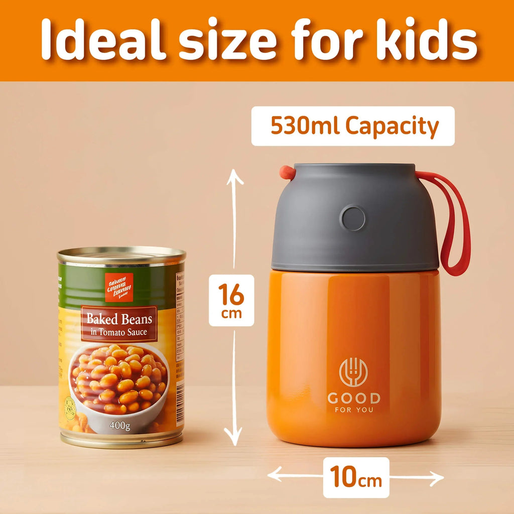 Kids Food Flask 530ml – Insulated Hot Food & Soup Flask with Spoon for School Lunches, Leak-Proof, BPA-Free Stainless Steel | Orange