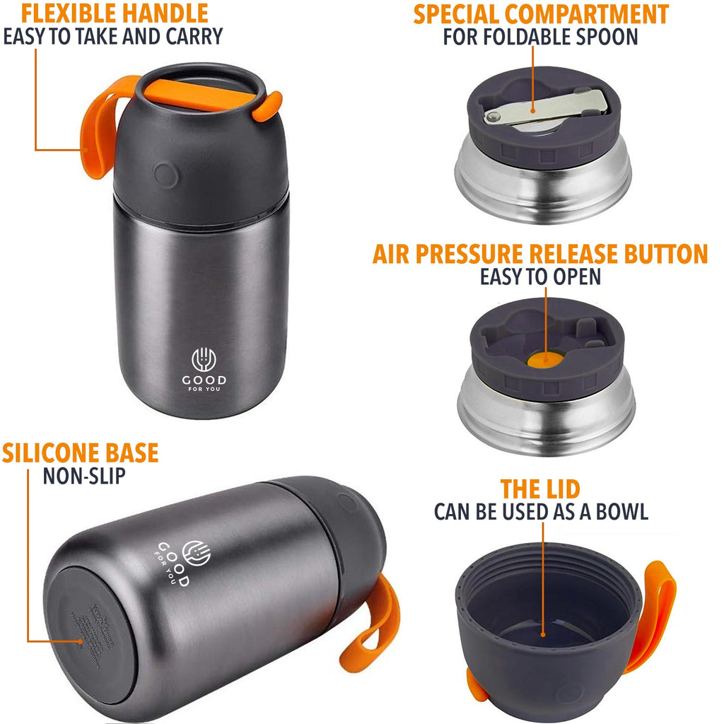 Insulated Food Flask 730ml for Adults – Hot Food & Soup Flask with Spoon for Work, Leak-Proof, BPA-Free Stainless Steel | Grey