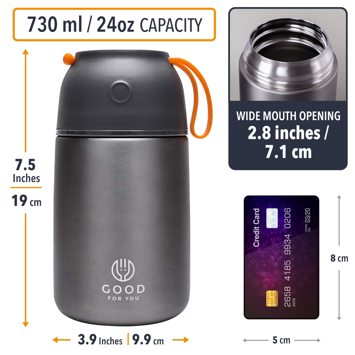 Insulated Food Flask 730ml for Adults – Hot Food & Soup Flask with Spoon for Work, Leak-Proof, BPA-Free Stainless Steel | Grey