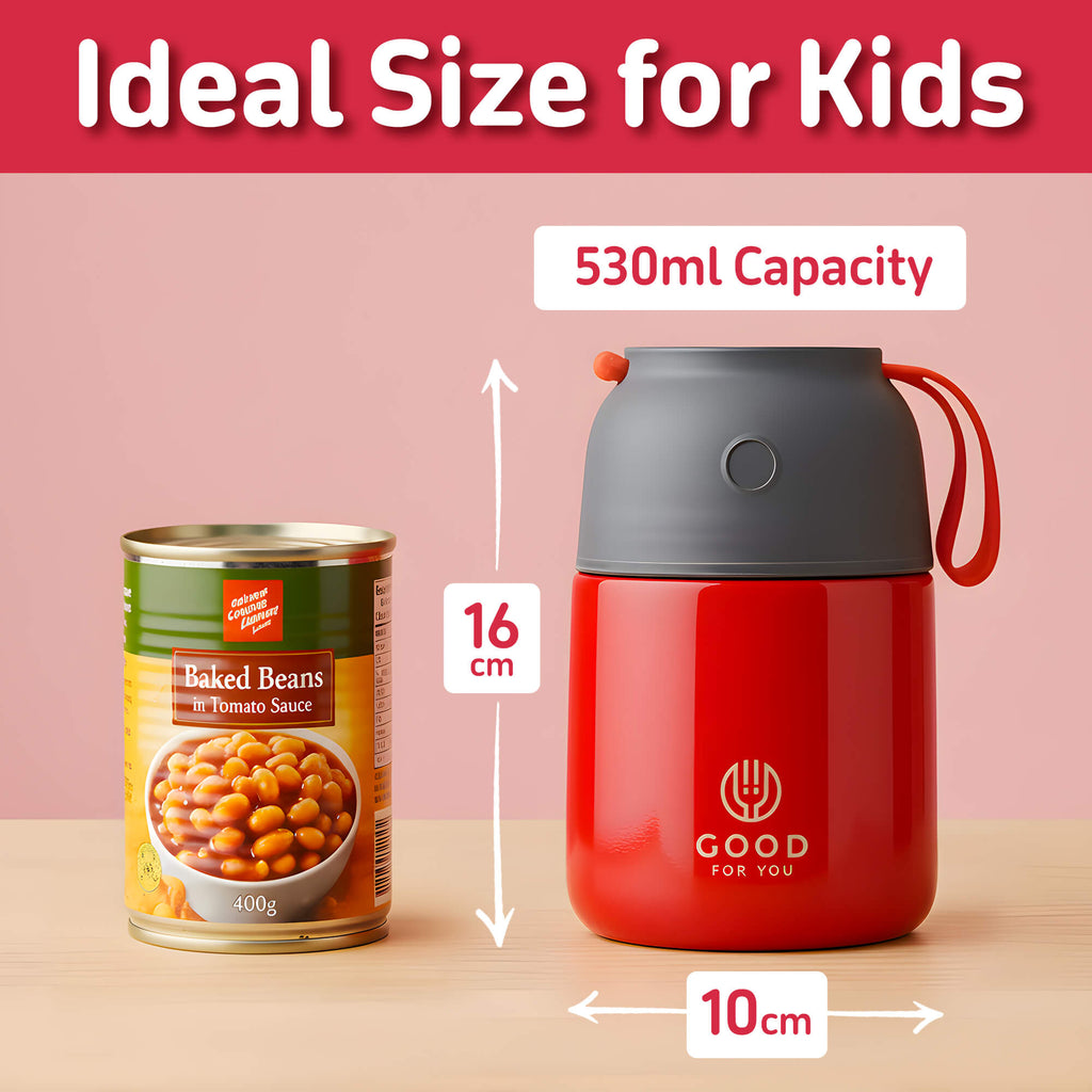 Kids Food Flask 530ml – Insulated Hot Food & Soup Flask with Spoon for School Lunches, Leak-Proof, BPA-Free Stainless Steel | Red
