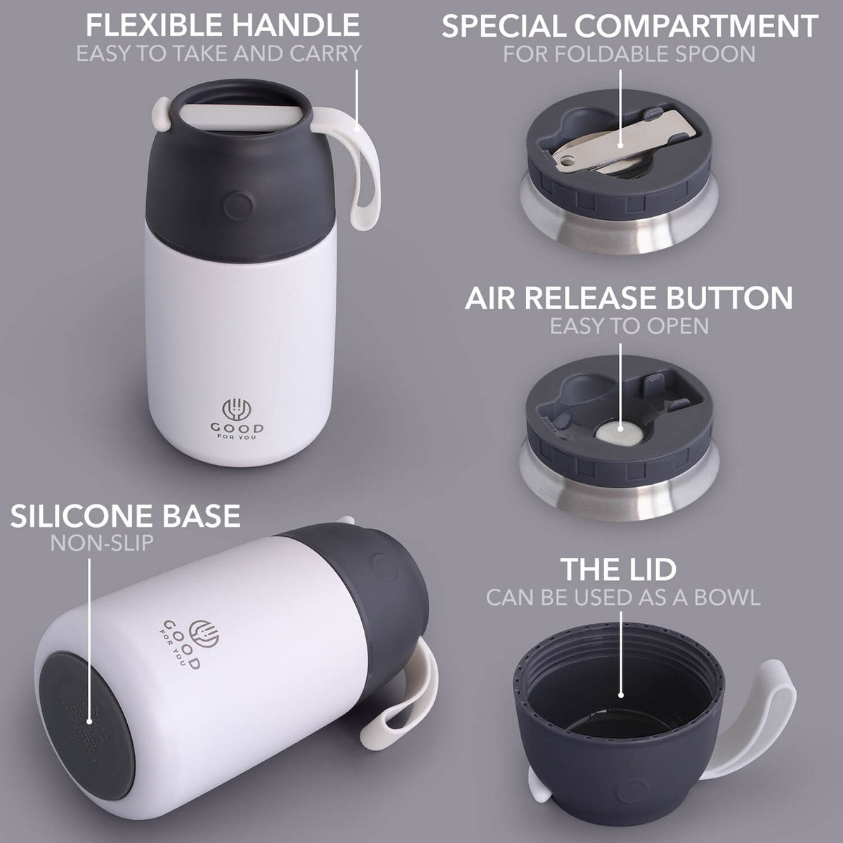 Insulated Food Flask 730ml for Adults – Hot Food & Soup Flask with Spoon for Work, Leak-Proof, BPA-Free Stainless Steel | White