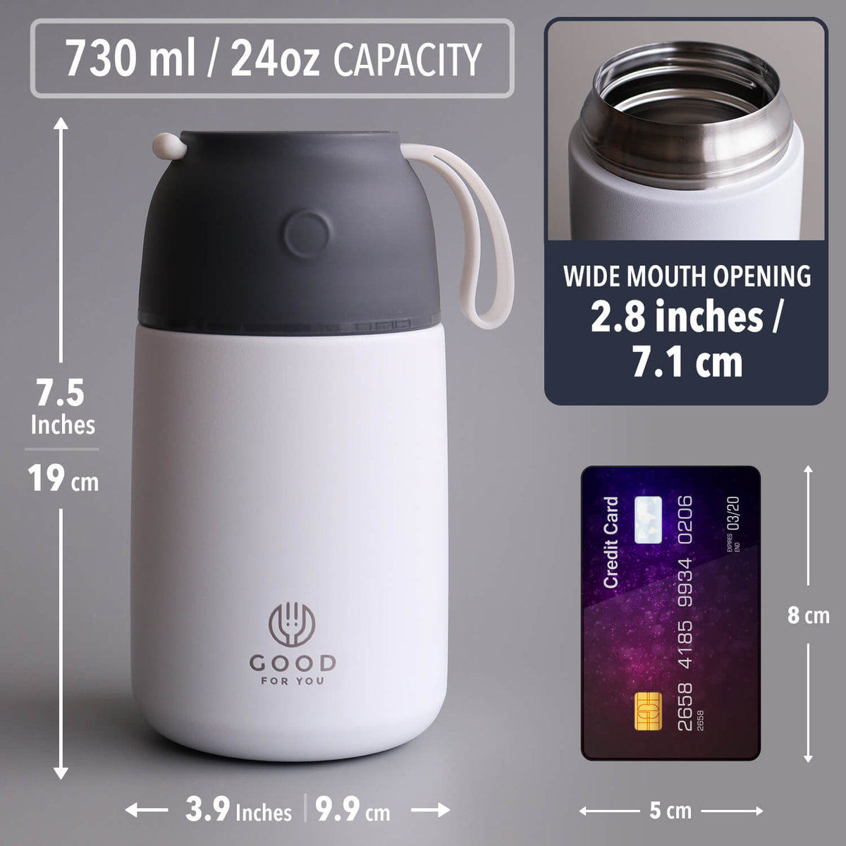 Insulated Food Flask 730ml for Adults – Hot Food & Soup Flask with Spoon for Work, Leak-Proof, BPA-Free Stainless Steel | White