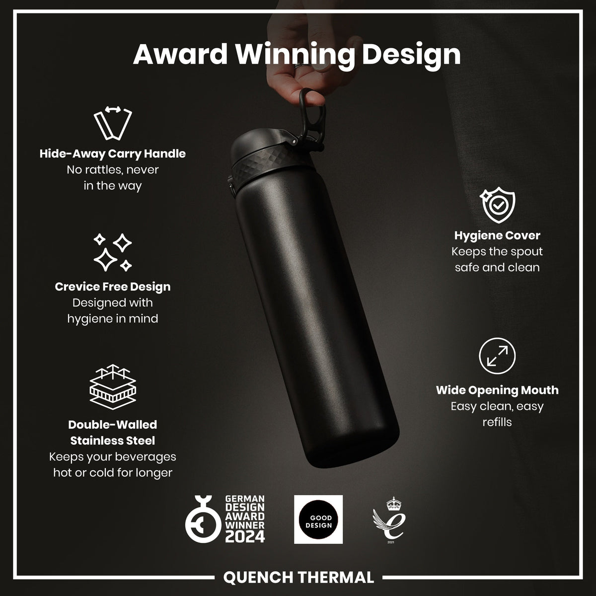 Leak Proof 1 Litre Thermal Water Bottle, Insulated, Black, 1L