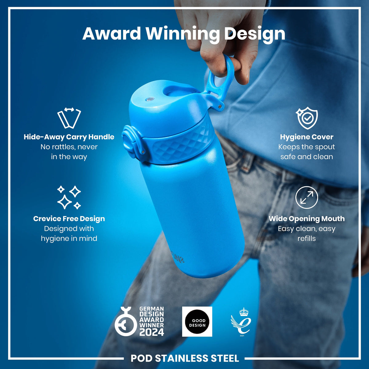 Leak Proof Water Bottle, Stainless Steel, Blue, 400ml (13oz)