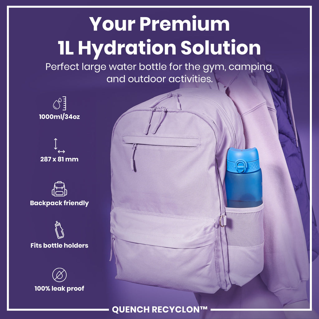 Leak Proof 1 Litre Water Bottle with Times to Drink, Recyclon, Blue & Pink, 1L