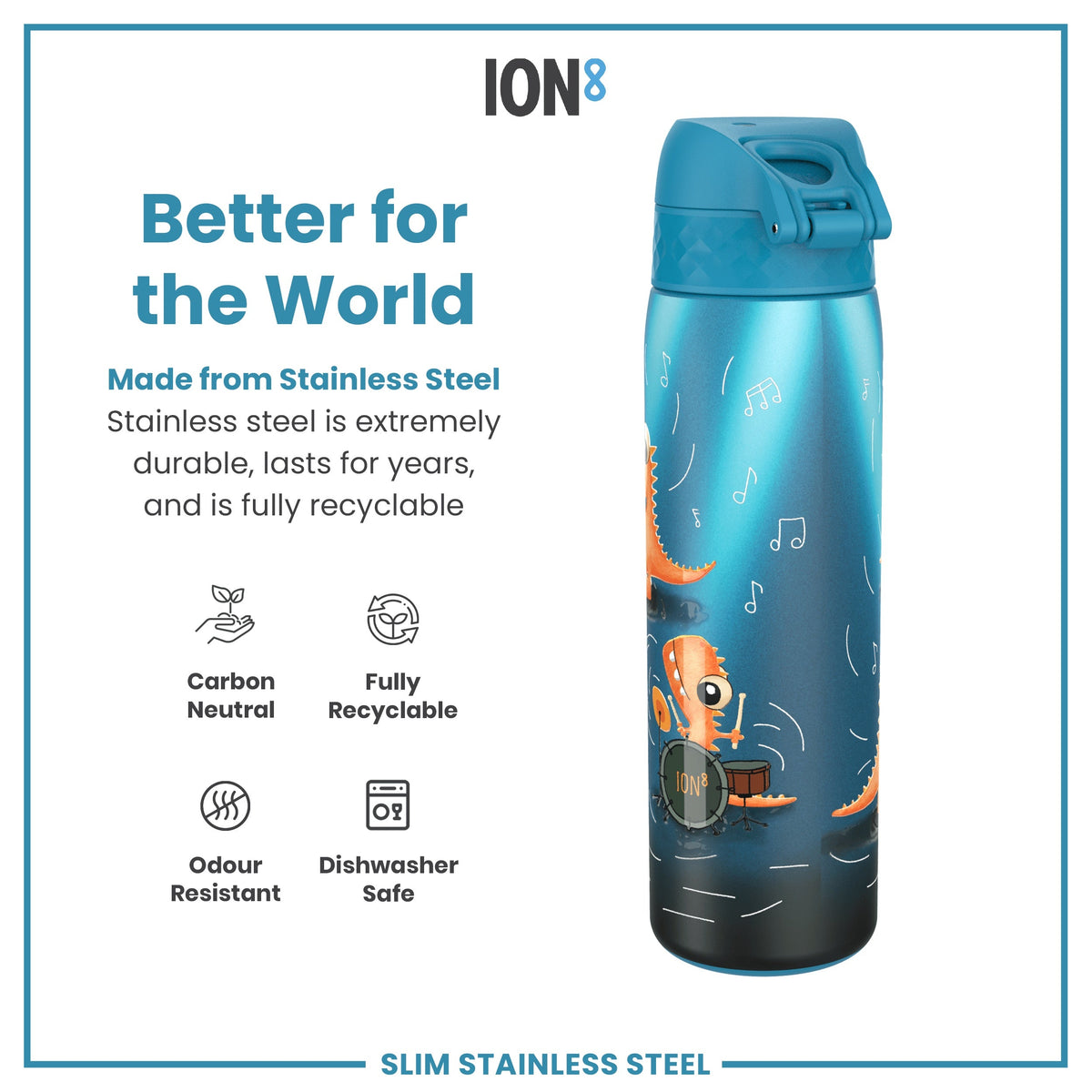 Leak Proof Slim Water Bottle, Stainless Steel, Dino Band, 600ml (20oz)