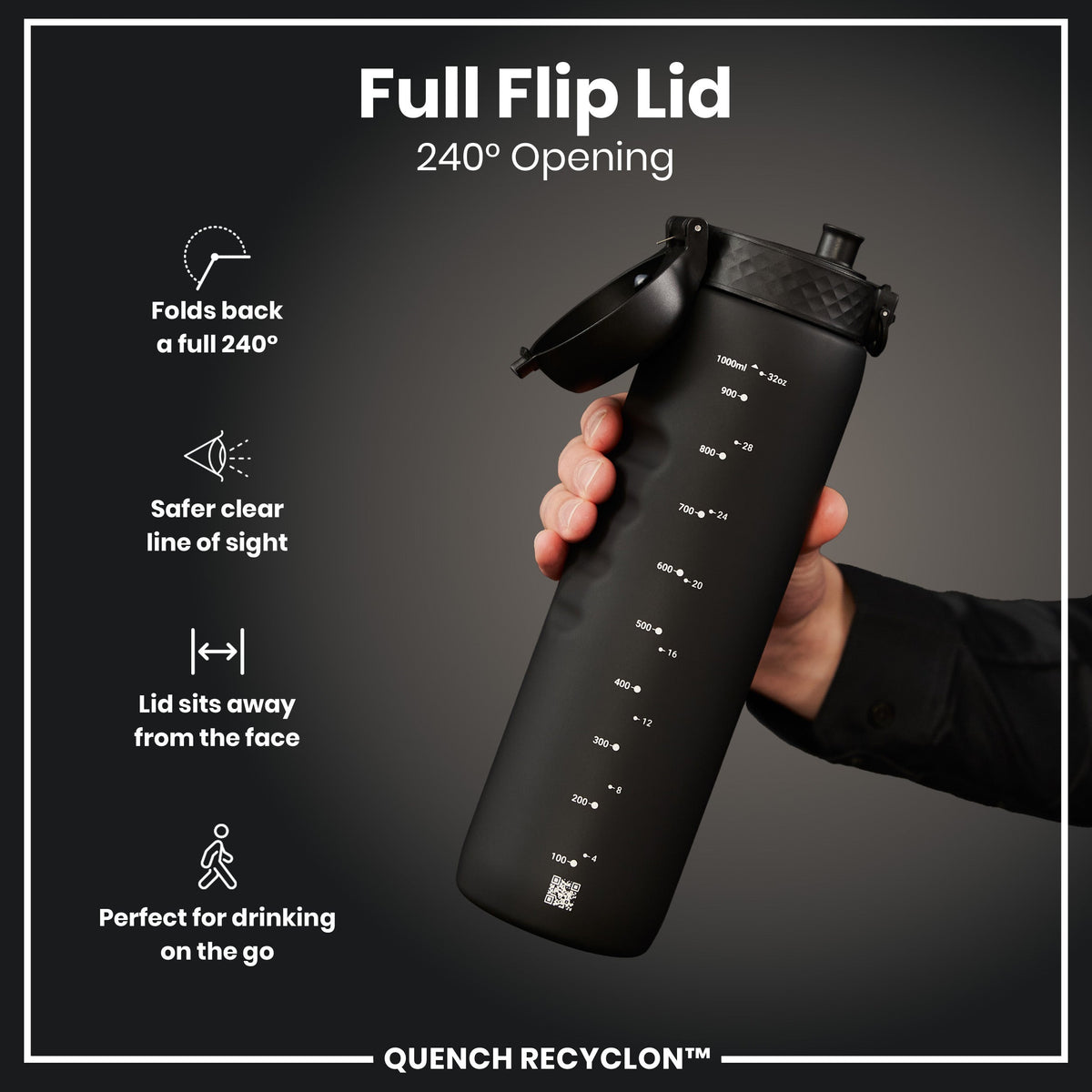 Leak Proof 1 litre Water Bottle, Recyclon, Black, 1L