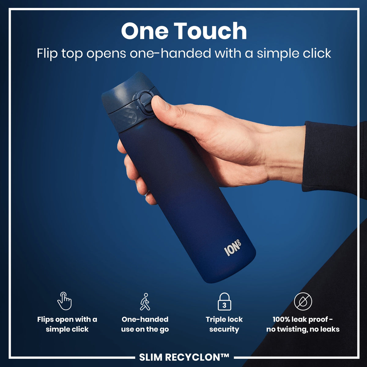 Leak Proof Slim Water Bottle, Recyclon, Navy, 500ml (18oz)