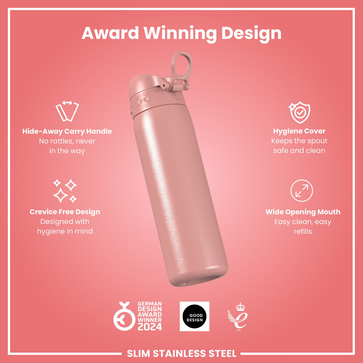 Leak Proof Slim Water Bottle, Stainless Steel, Ash Rose, 600ml (20oz)