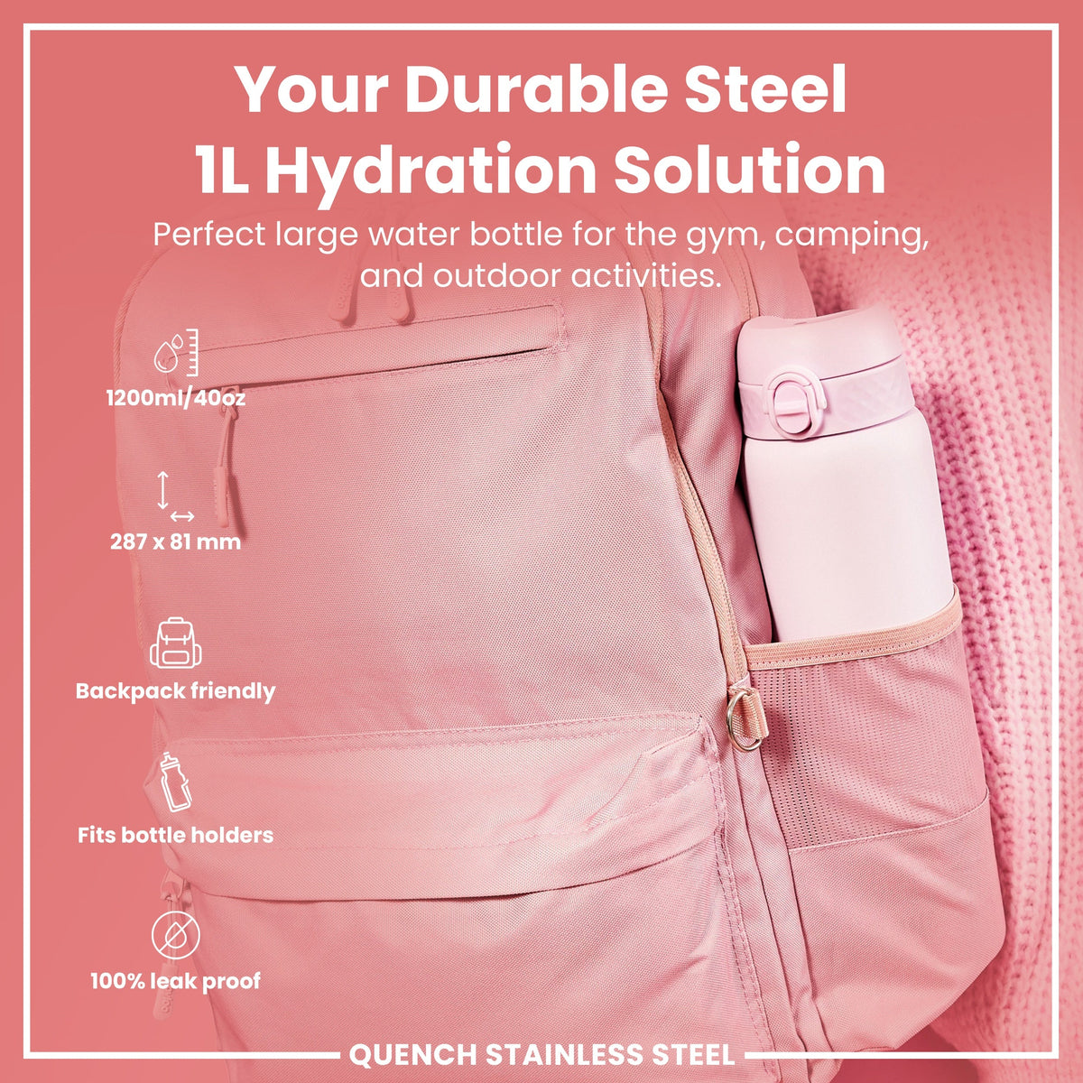 Leak Proof 1 Litre Water Bottle, Stainless Steel, Lilac Dusk, 1L