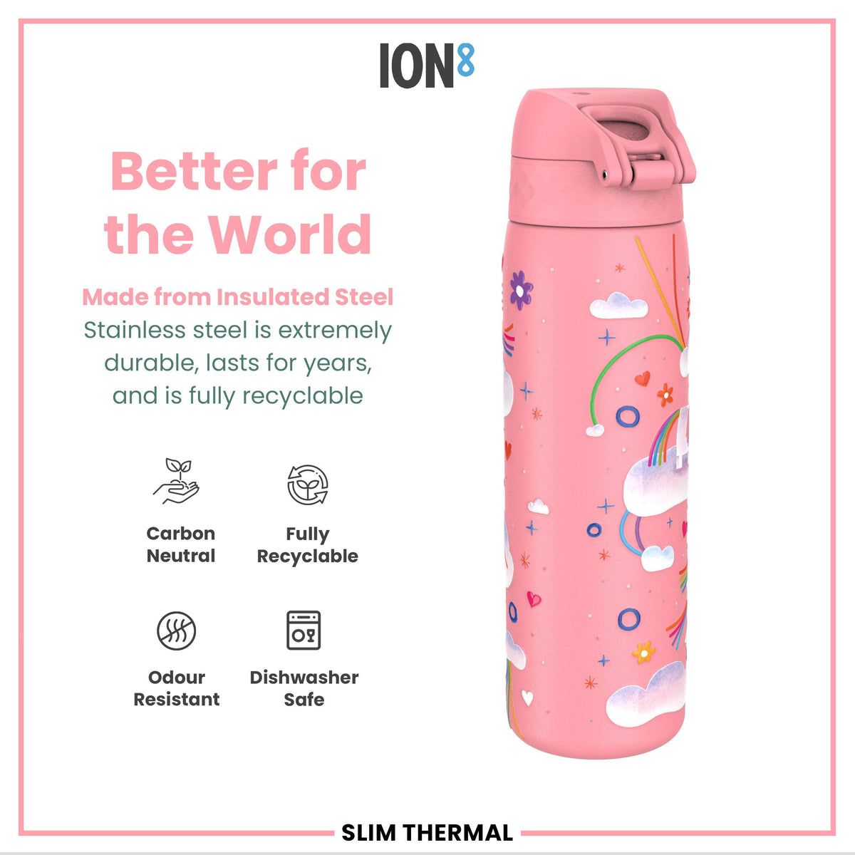 Leak Proof Slim Thermal Steel Water Bottle, Insulated, Unicorn, 500ml (17oz)