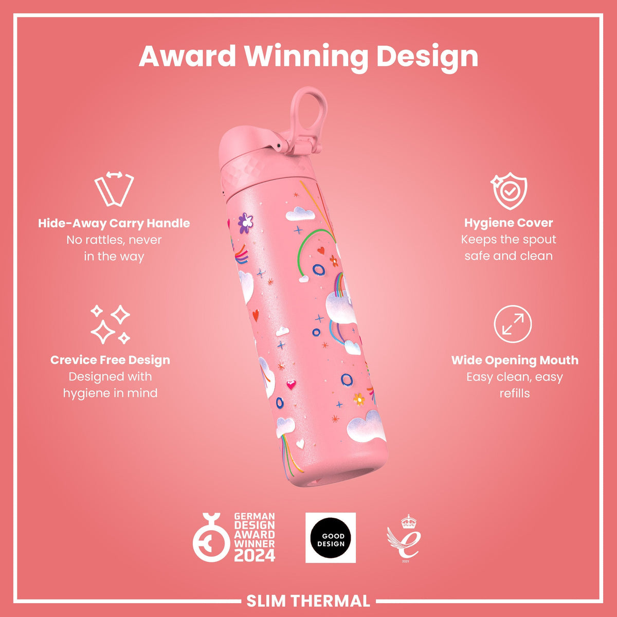 Leak Proof Slim Thermal Steel Water Bottle, Insulated, Unicorn, 500ml (17oz)