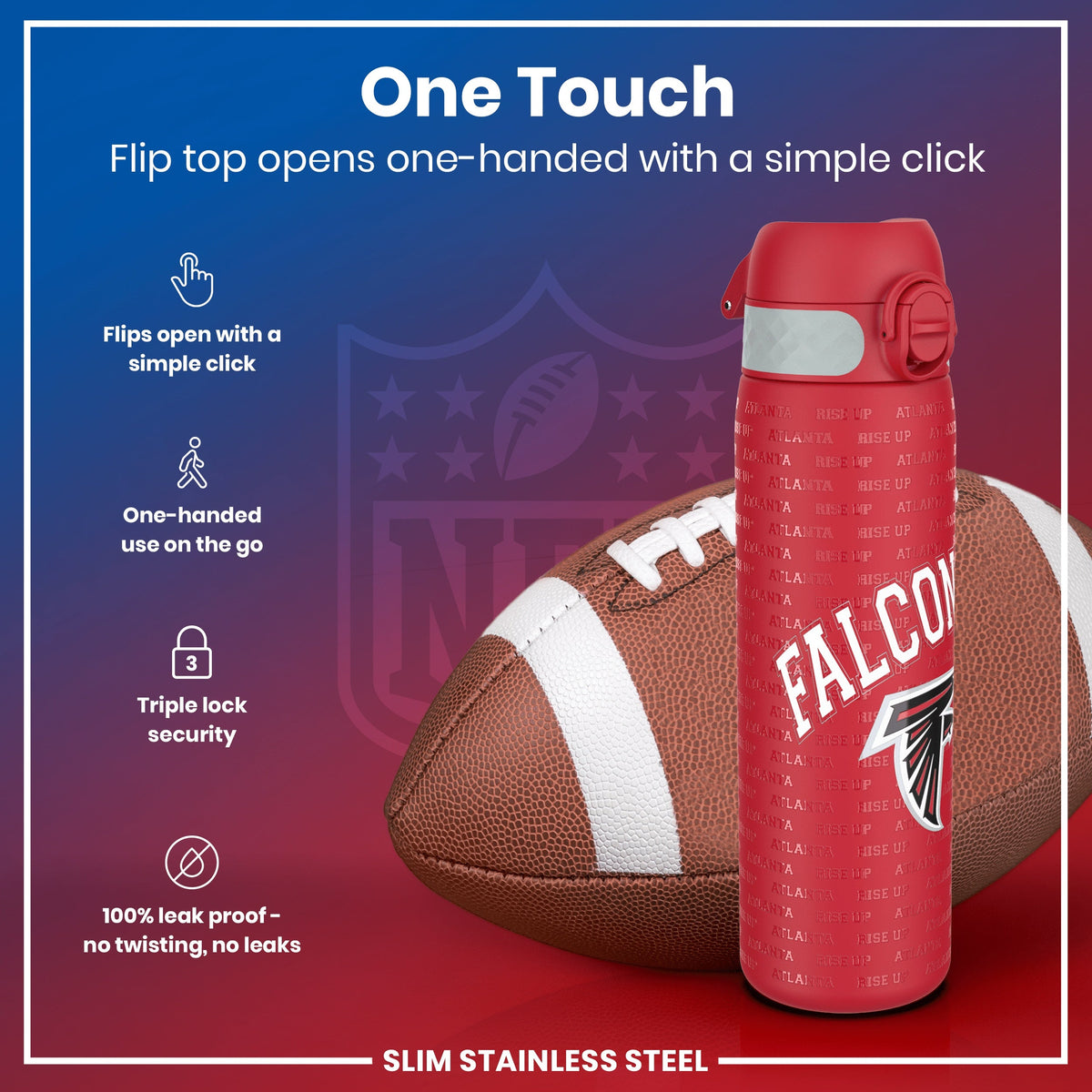 Leak Proof NFL Water Bottle, Stainless Steel, Atlanta Falcons, 600ml (20oz)