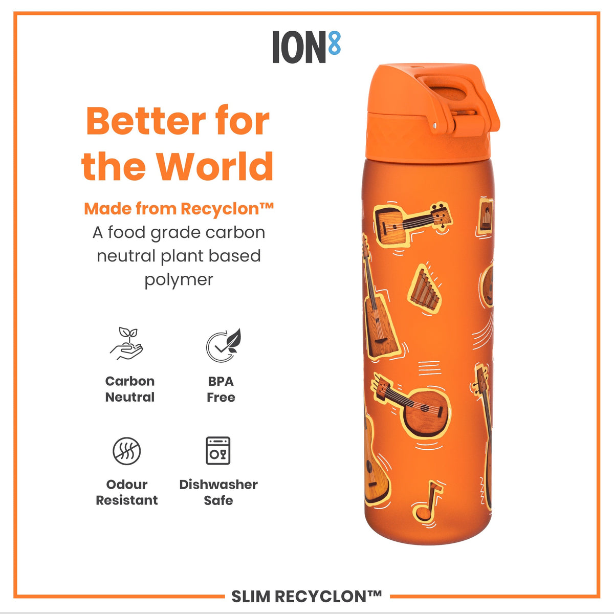 Leak Proof Slim Water Bottle, Recyclon, Music, 500ml (18oz)