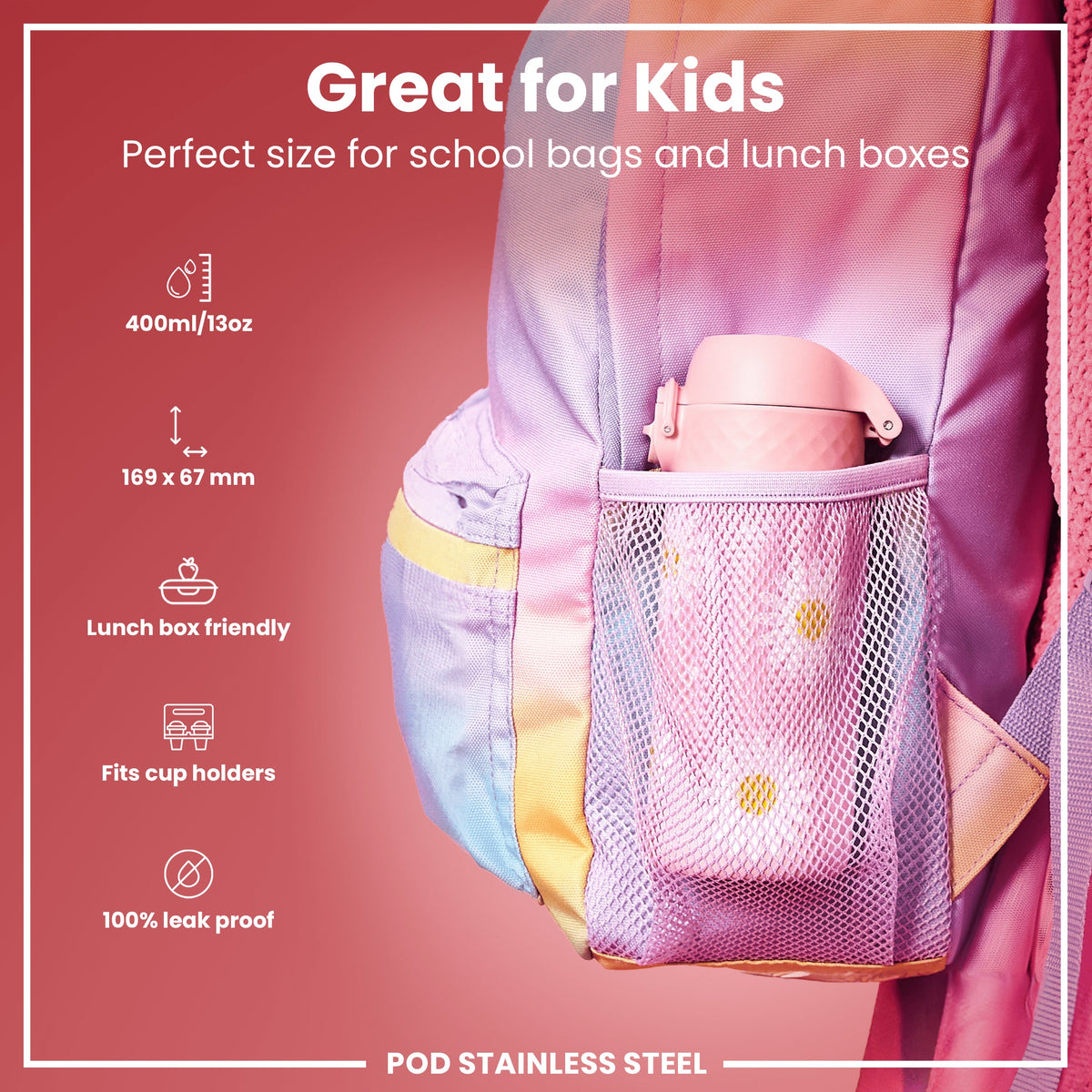 Leak Proof Kids Water Bottle, Stainless Steel, Daisies, 400ml (13oz)