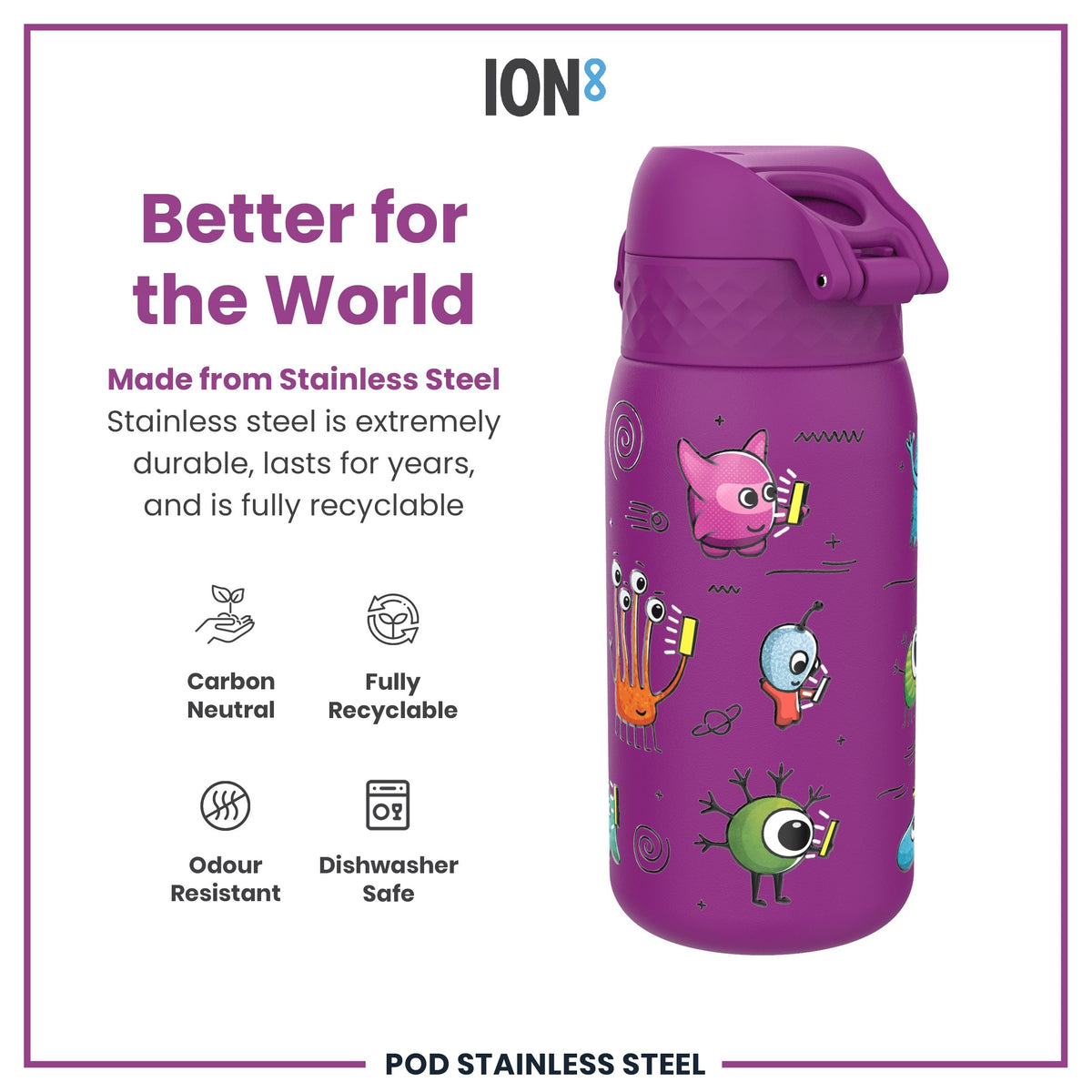 Leak Proof Kids Water Bottle, Stainless Steel, Aliens, 400ml (13oz)