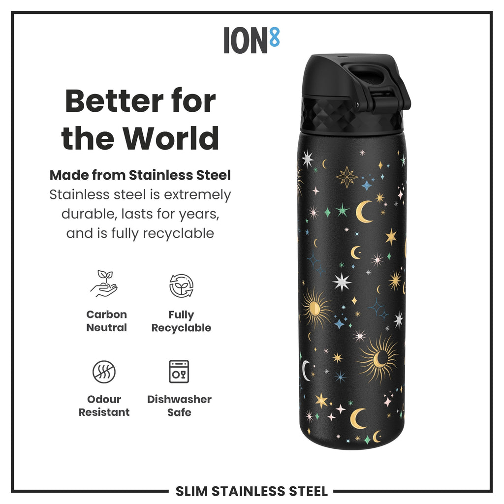 Leak Proof Slim Water Bottle, Stainless Steel, Celestial, 600ml (20oz)