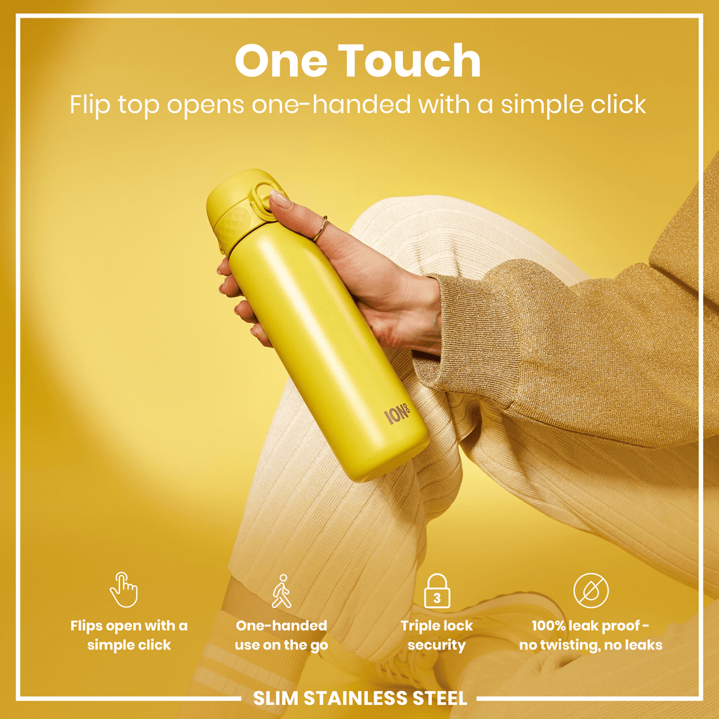 Leak Proof Slim Water Bottle, Stainless Steel, Yellow, 600ml (20oz)