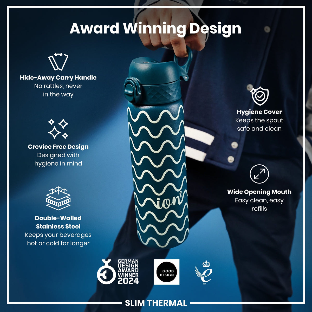 Leak Proof Slim Thermal Water Bottle, Insulated Steel, Wave, 500ml (17oz)