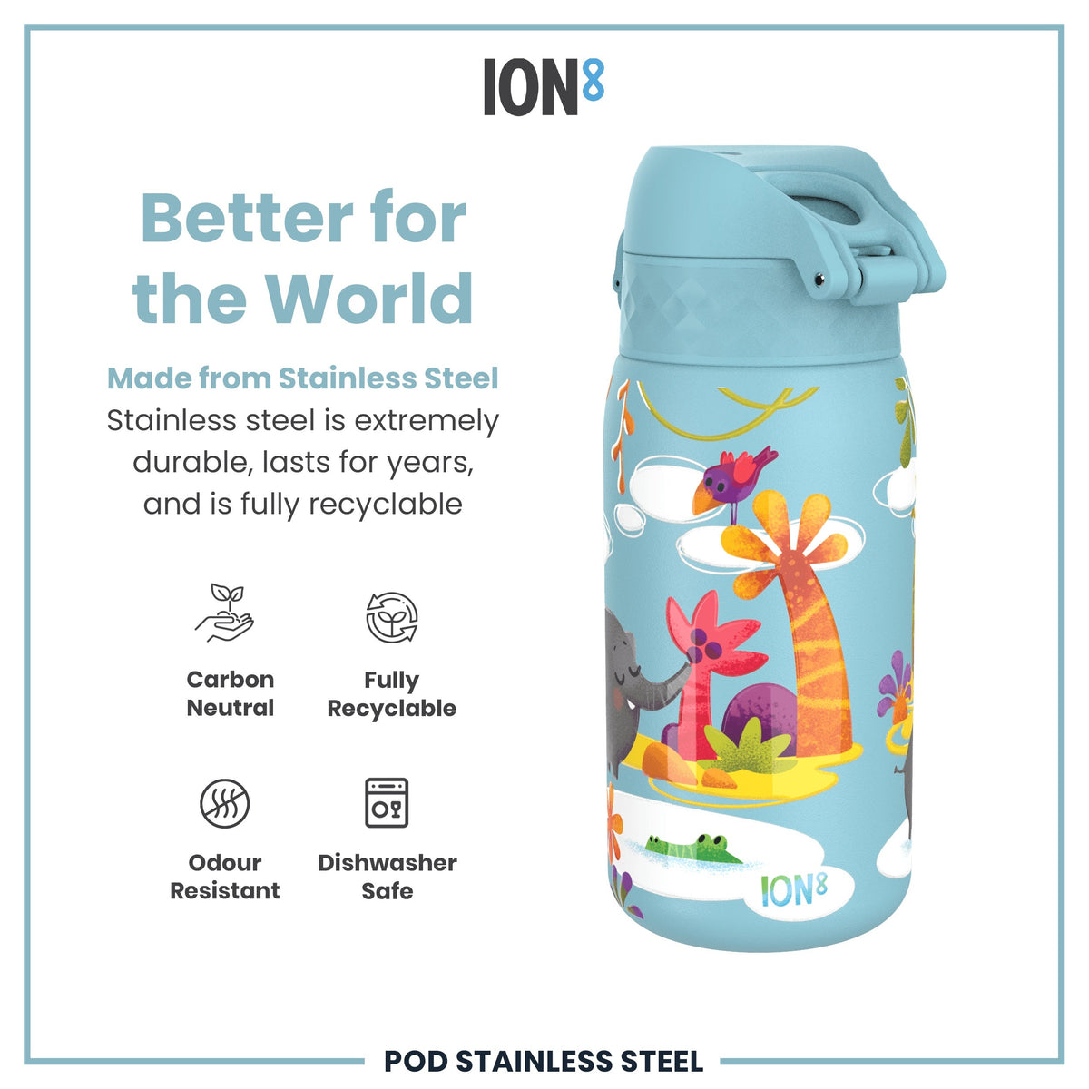 Leak Proof Kids Water Bottle, Stainless Steel, Safari, 400ml (13oz)