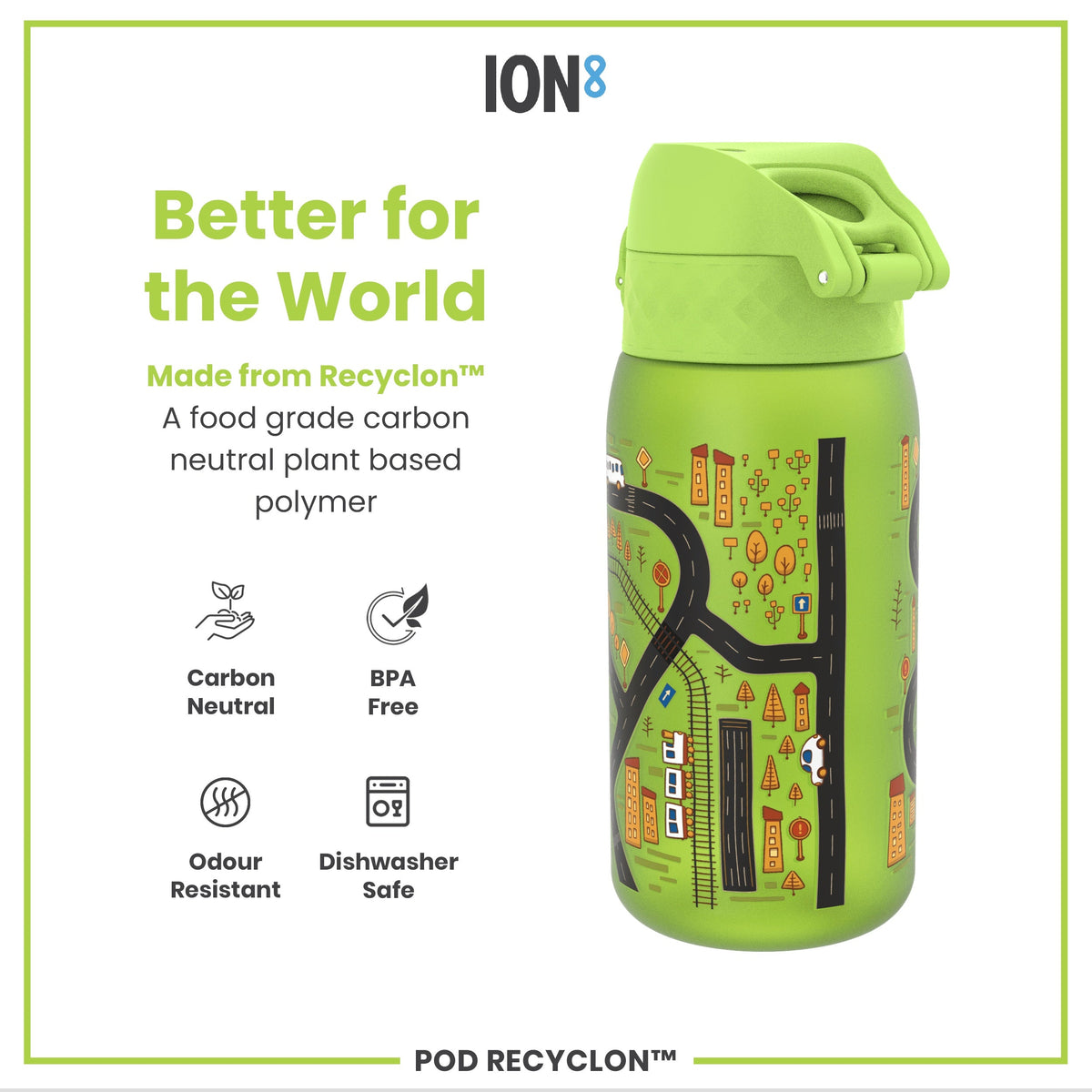 Leak Proof Kids Water Bottle, Recyclon, Cars, 350ml (12oz)