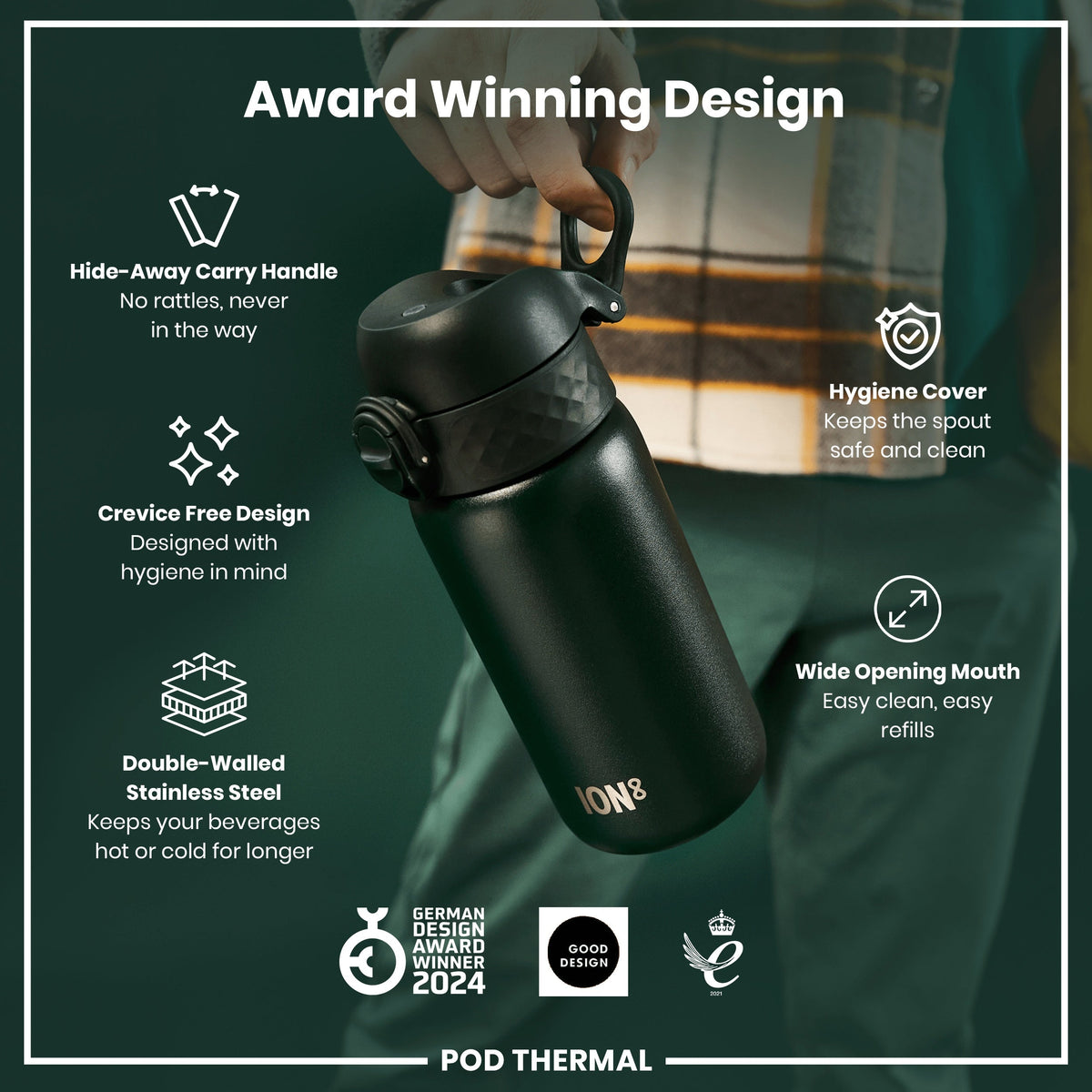 Leak Proof Thermal Steel Water Bottle, Insulated, Dark Green, 320ml (11oz)