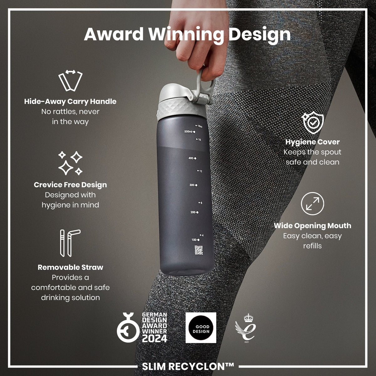 Leak Proof Medium Water Bottle with Straw, Recyclon, Grey, 500ml (18oz)