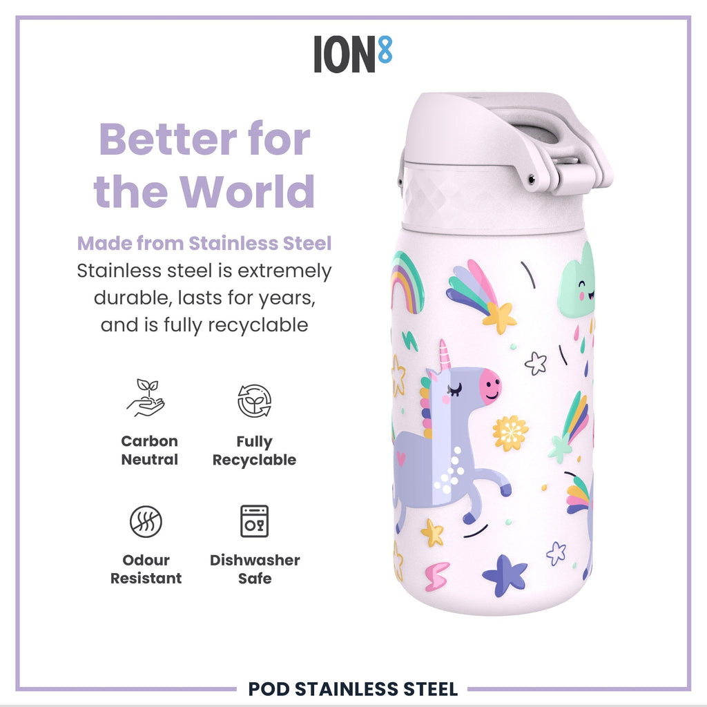 Leak Proof Kids Water Bottle, Stainless Steel, Unicorns, 400ml (13oz)