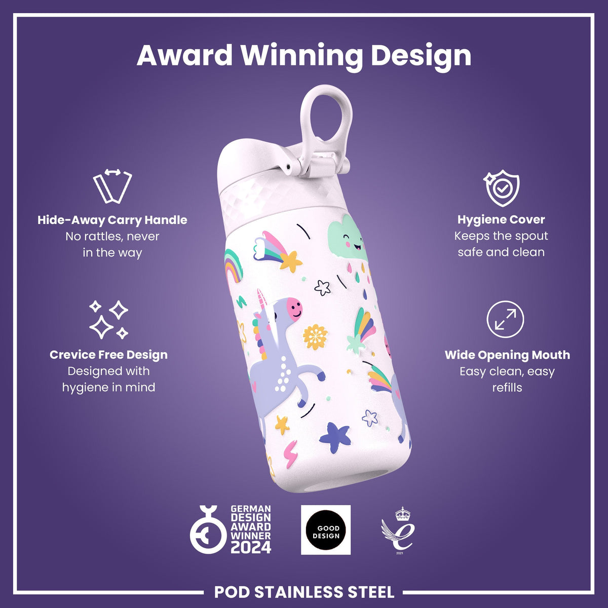 Leak Proof Kids Water Bottle, Stainless Steel, Unicorns, 400ml (13oz)