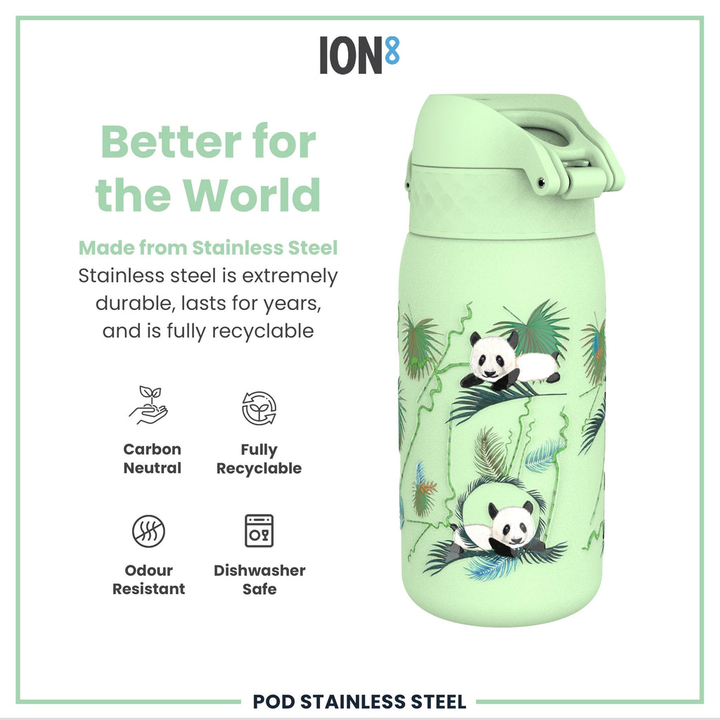 Leak Proof Kids Water Bottle, Stainless Steel, Pandas, 400ml (13oz)