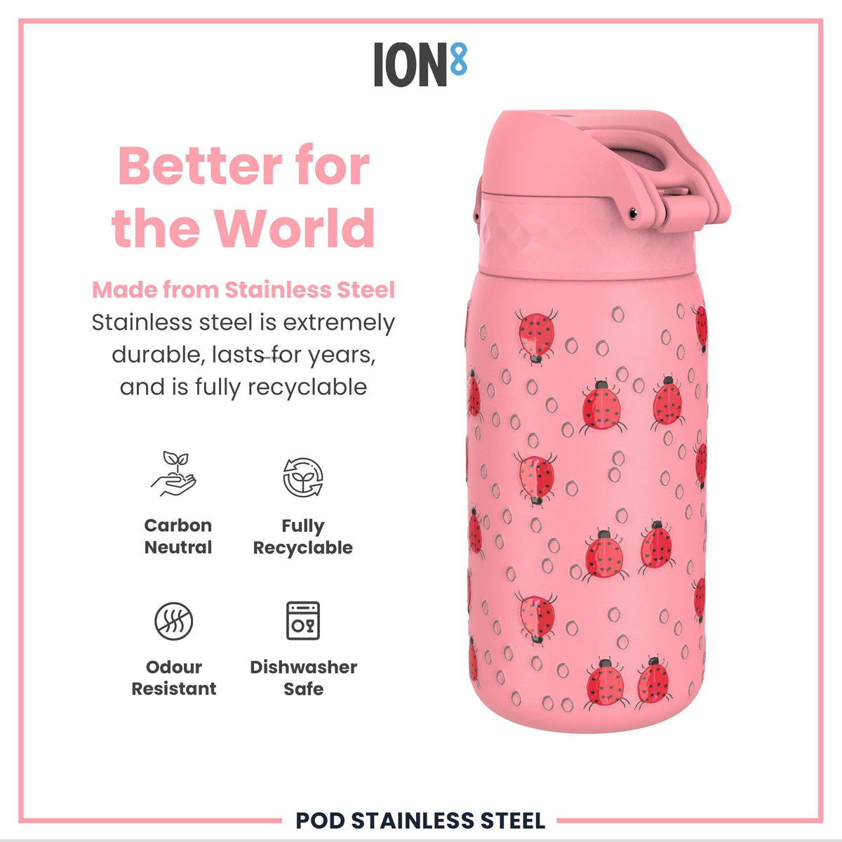Leak Proof Kids Water Bottle, Stainless Steel, Ladybugs, 400ml (13oz)