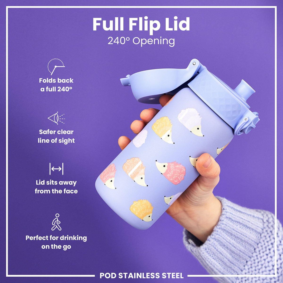 Leak Proof Kids Water Bottle, Stainless Steel, Hedgehogs, 400ml (13oz)