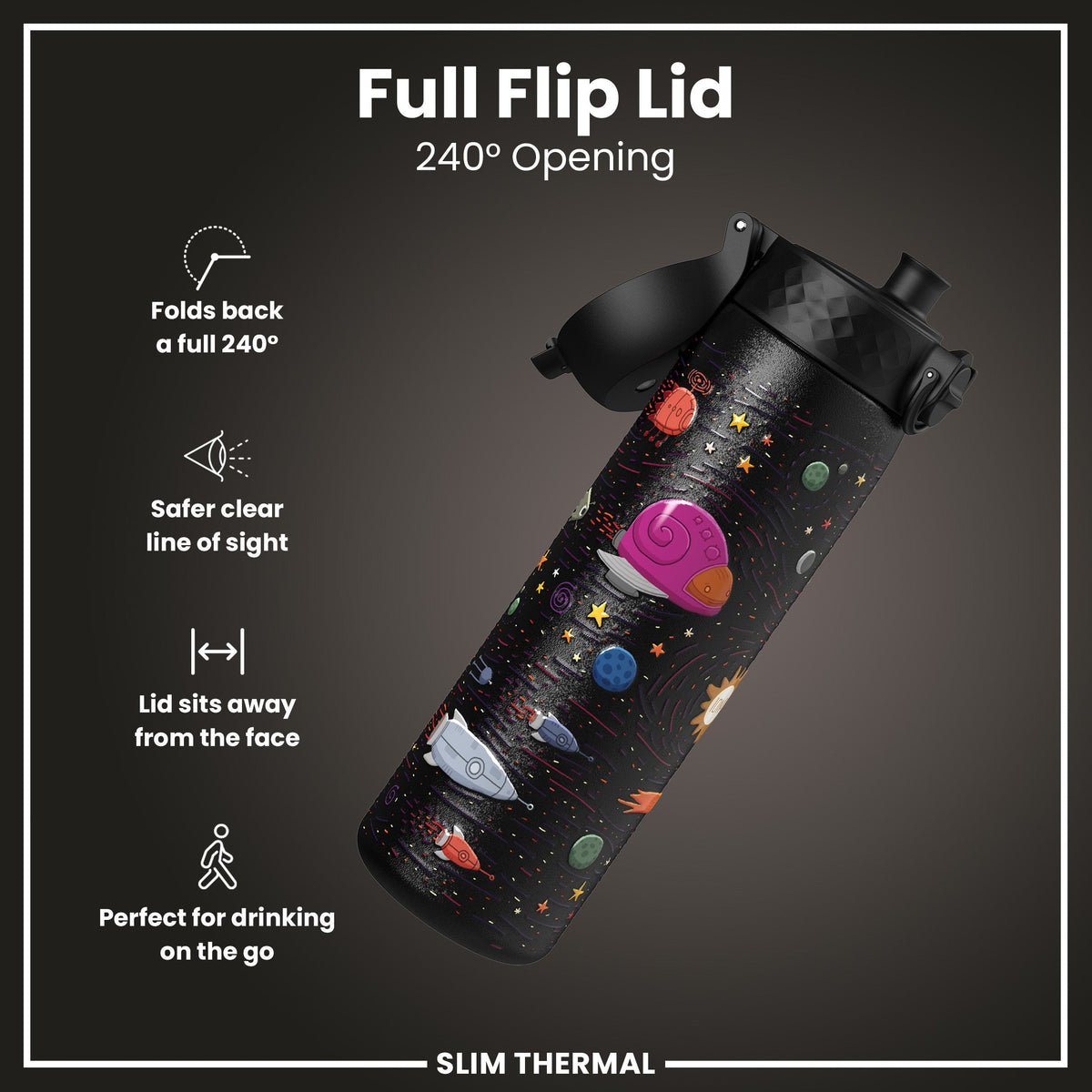 Leak Proof Slim Thermal Water Bottle, Insulated Steel, Spaceships, 500ml (17oz)
