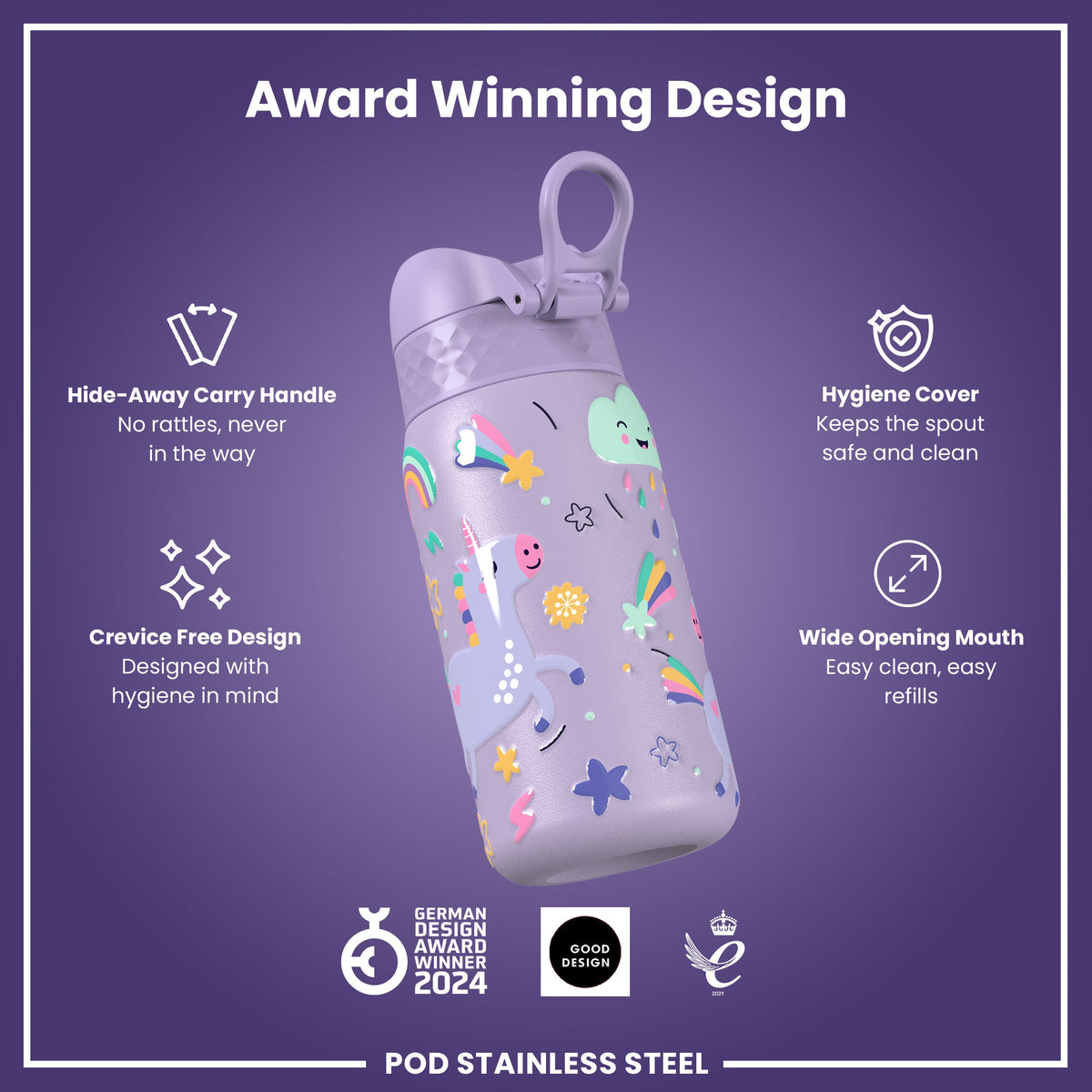 Leak Proof Kids Water Bottle, Stainless Steel, Purple Unicorns, 400ml (13oz)