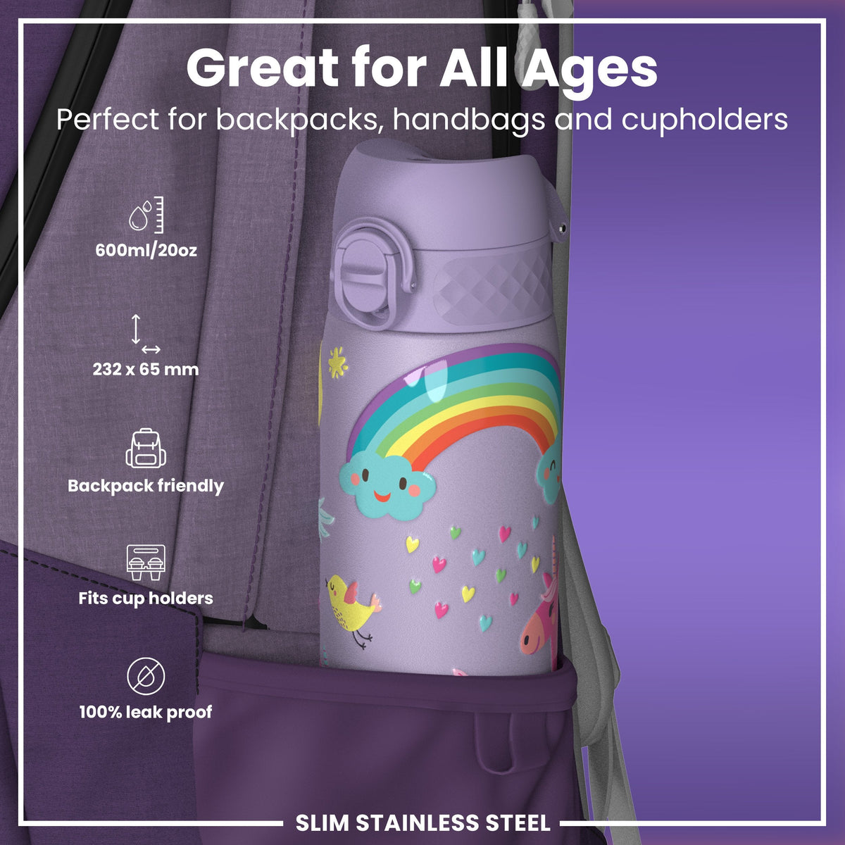 Leak Proof Slim Water Bottle, Stainless Steel, Purple Unicorns, 600ml (20oz)