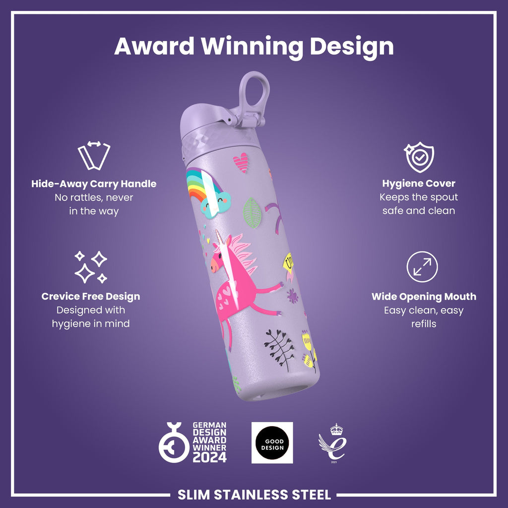 Leak Proof Slim Water Bottle, Stainless Steel, Purple Unicorns, 600ml (20oz)