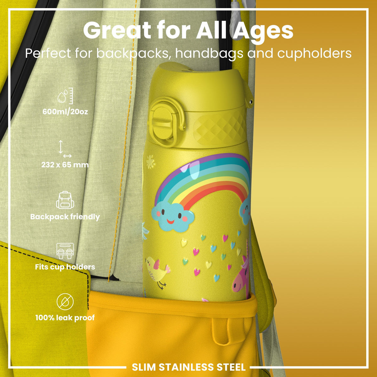 Leak Proof Slim Water Bottle, Stainless Steel, Yellow Unicorns, 600ml (20oz)