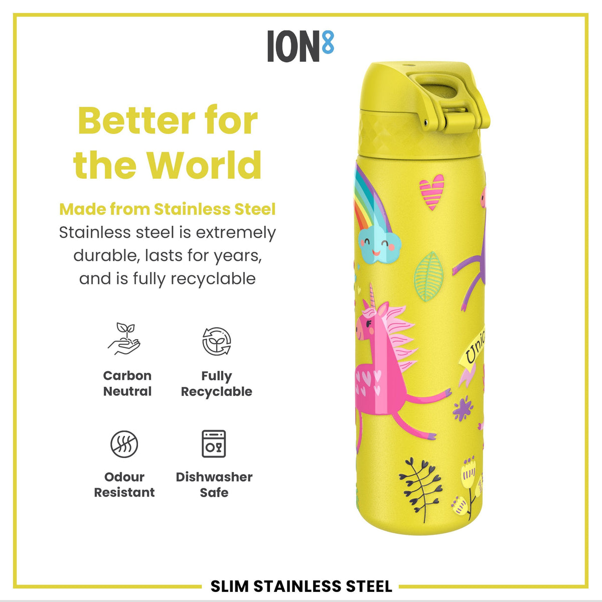 Leak Proof Slim Water Bottle, Stainless Steel, Yellow Unicorns, 600ml (20oz)