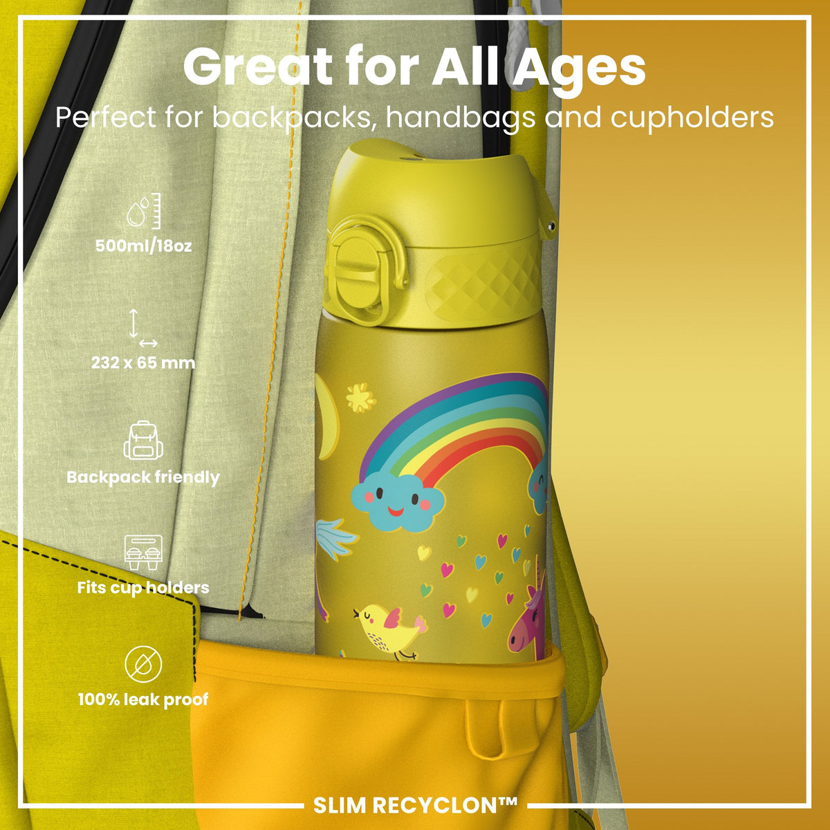 Leak Proof Slim Water Bottle, Recyclon, Yellow Unicorns, 500ml (18oz)