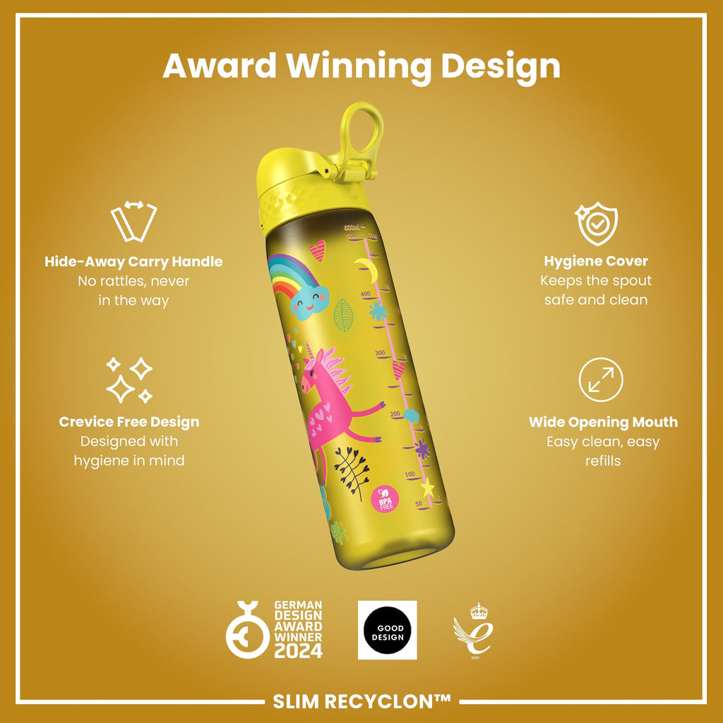 Leak Proof Slim Water Bottle, Recyclon, Yellow Unicorns, 500ml (18oz)