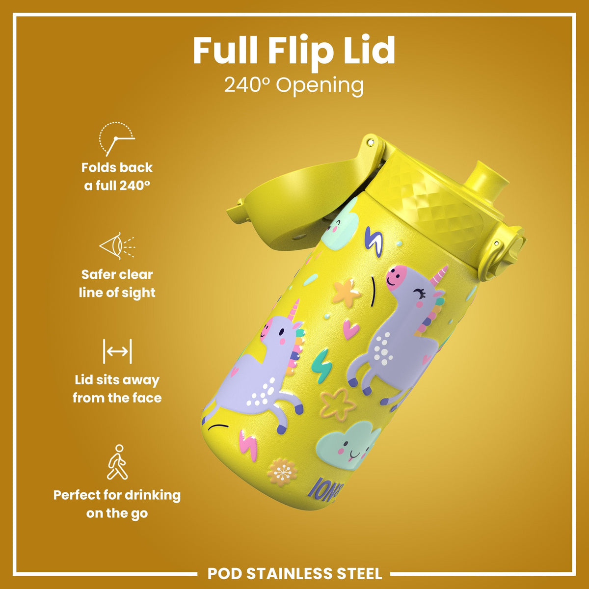 Leak Proof Kids Water Bottle, Stainless Steel, Yellow Unicorns, 400ml (13oz)