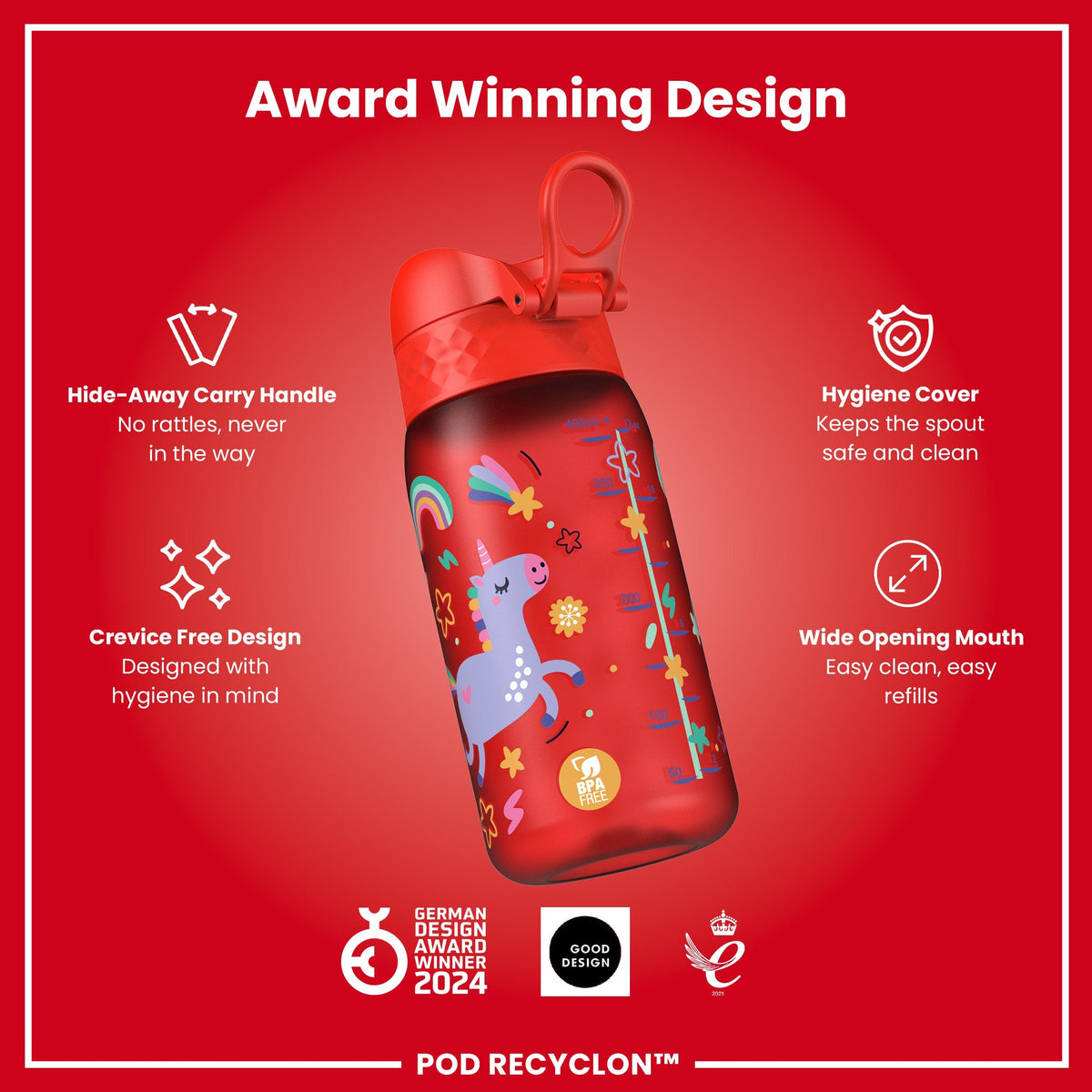 Leak Proof Kids Water Bottle, Recyclon, Red Unicorns, 350ml (12oz)