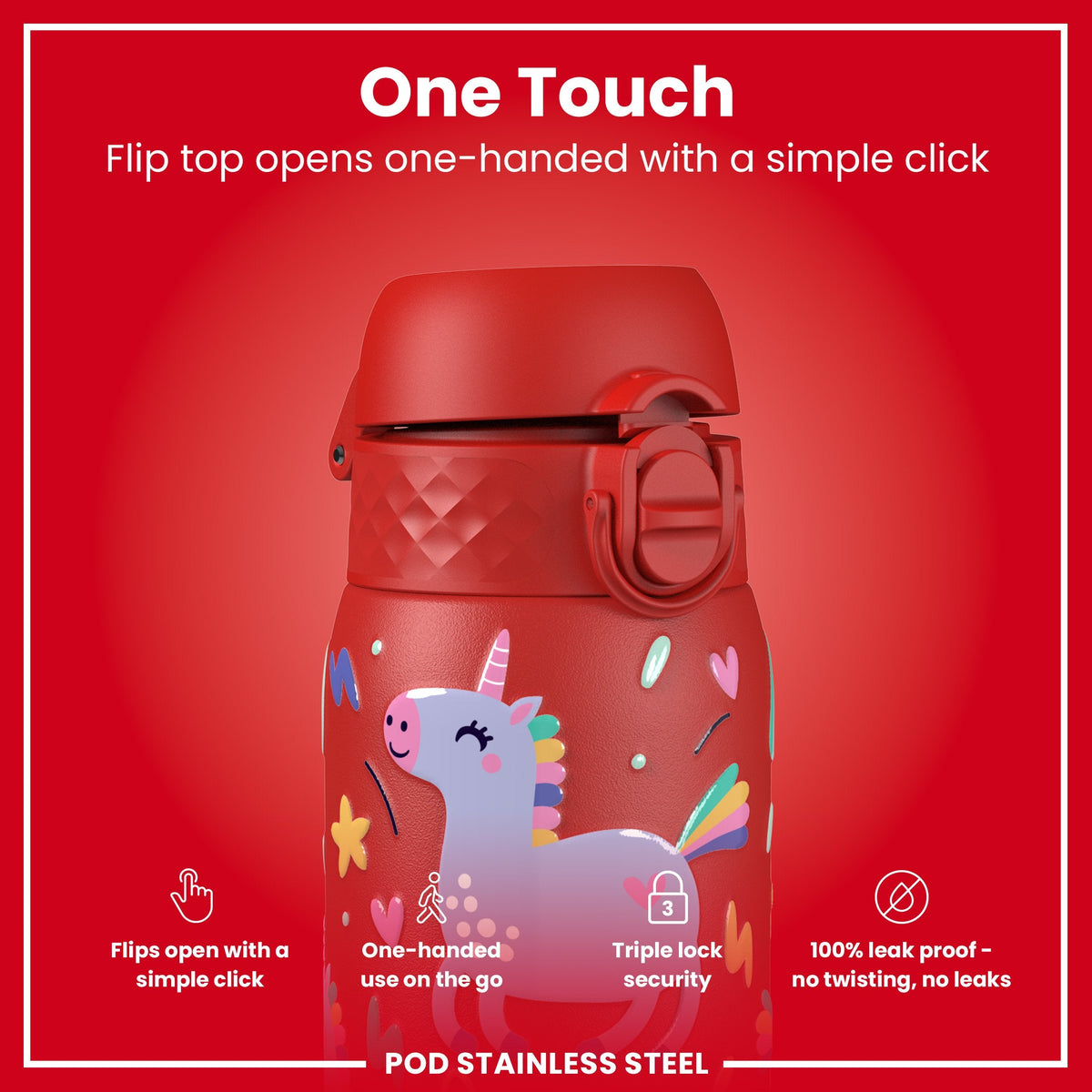 Leak Proof Kids Water Bottle, Stainless Steel, Red Unicorns, 400ml (13oz)