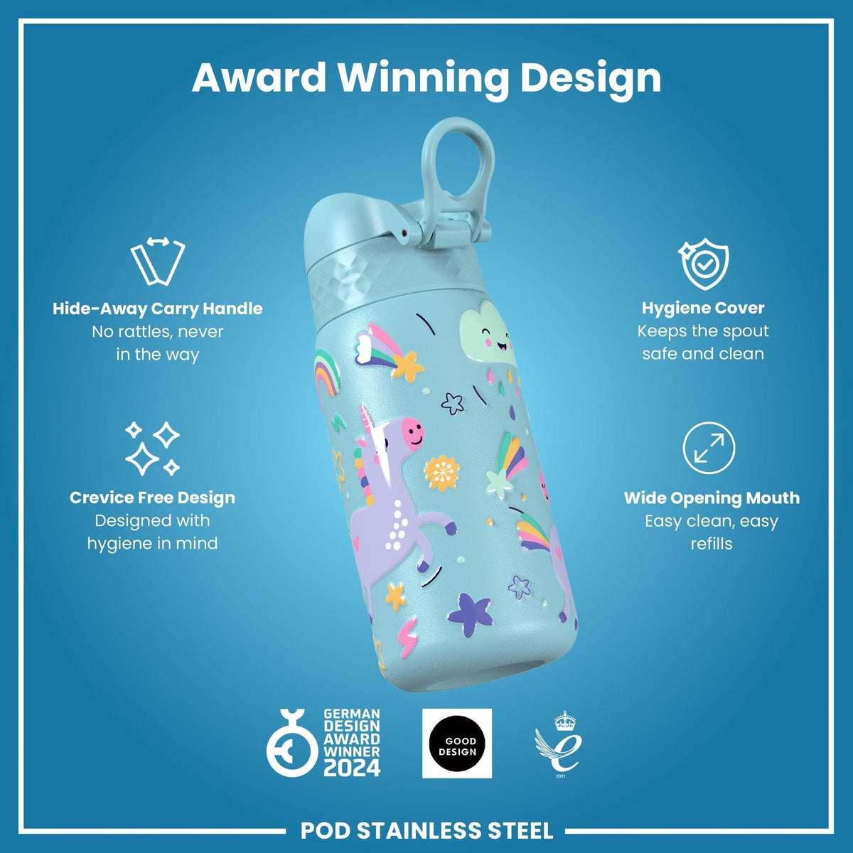 Leak Proof Kids Water Bottle, Stainless Steel, Blue Unicorns, 400ml (13oz)