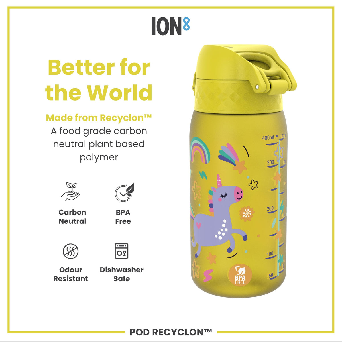 Leak Proof Kids Water Bottle, Recyclon, Yellow Unicorns, 350ml (12oz)