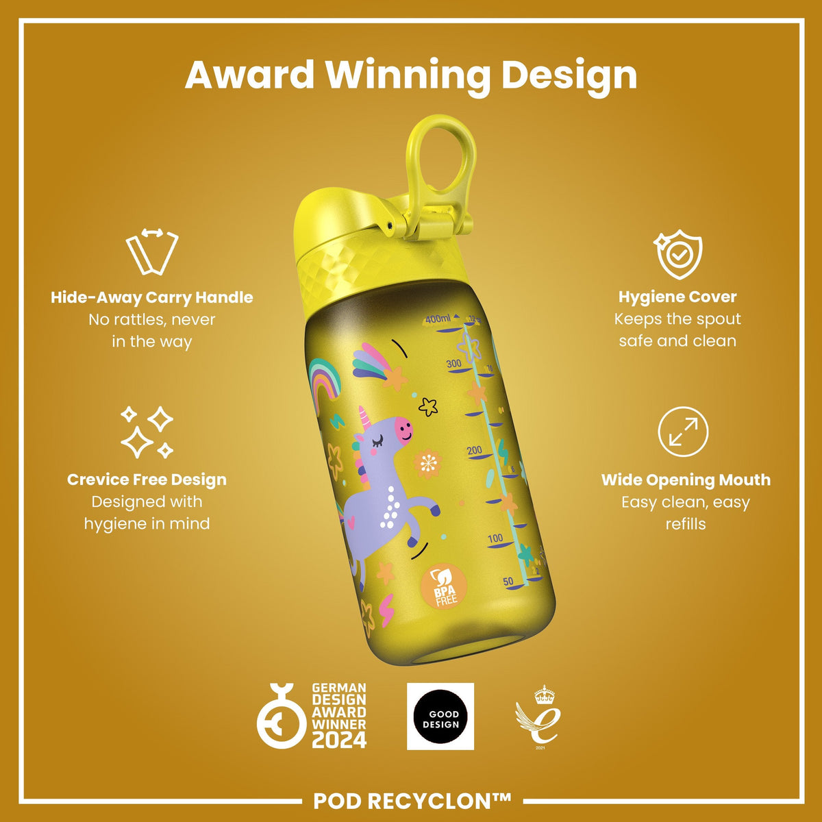 Leak Proof Kids Water Bottle, Recyclon, Yellow Unicorns, 350ml (12oz)