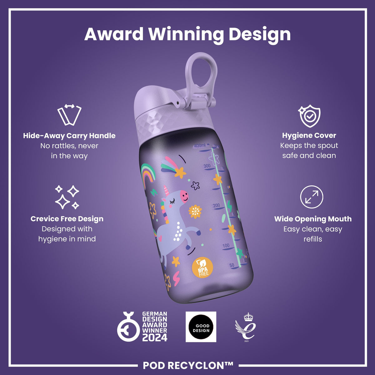 Leak Proof Kids Water Bottle, Recyclon, Purple Unicorns, 350ml (12oz)