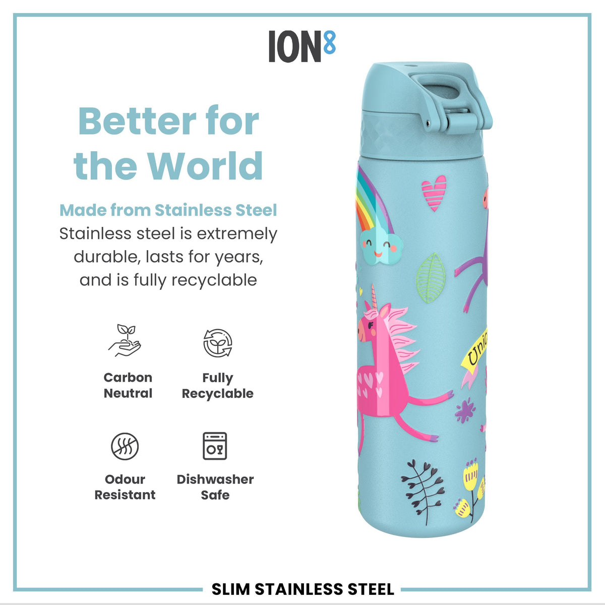 Leak Proof Slim Water Bottle, Stainless Steel, Blue Unicorns, 600ml (20oz)